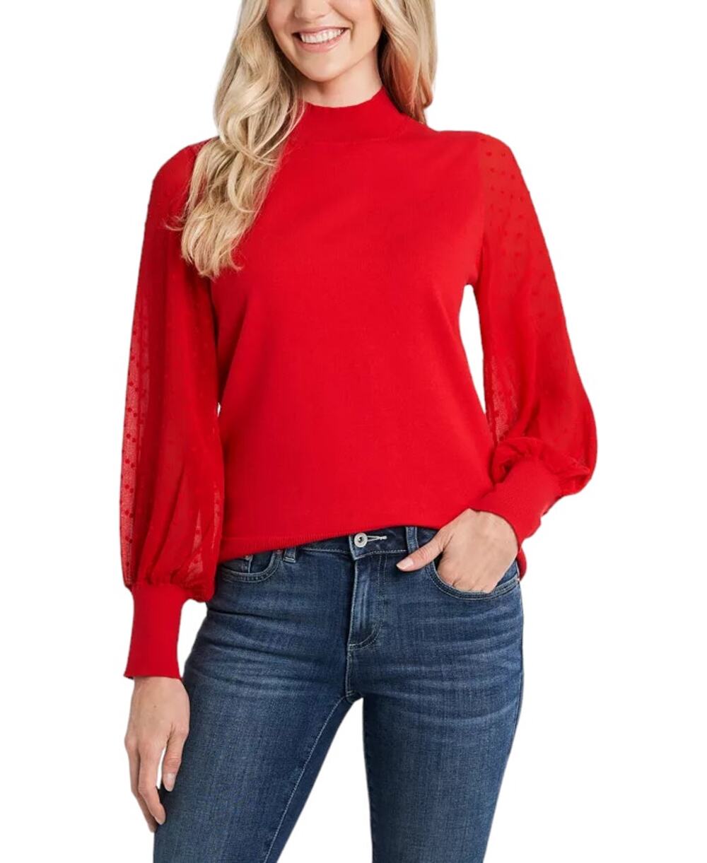 Cece Women's Red Mock Neck Clip Dot Sheer Long Sleeve Sweater Top Size Medium